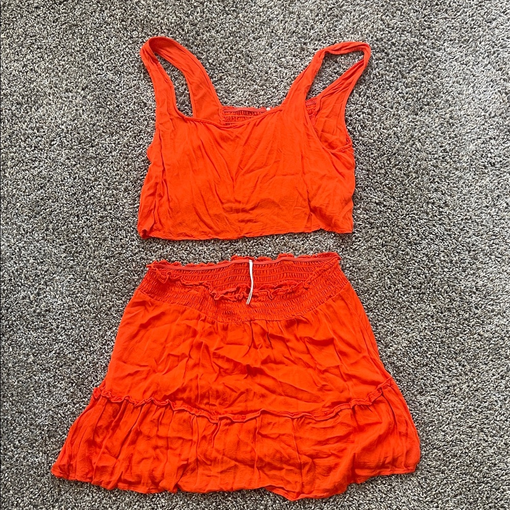 Anthropologie Orange Tiered Mini Skirt and Crop Top Set